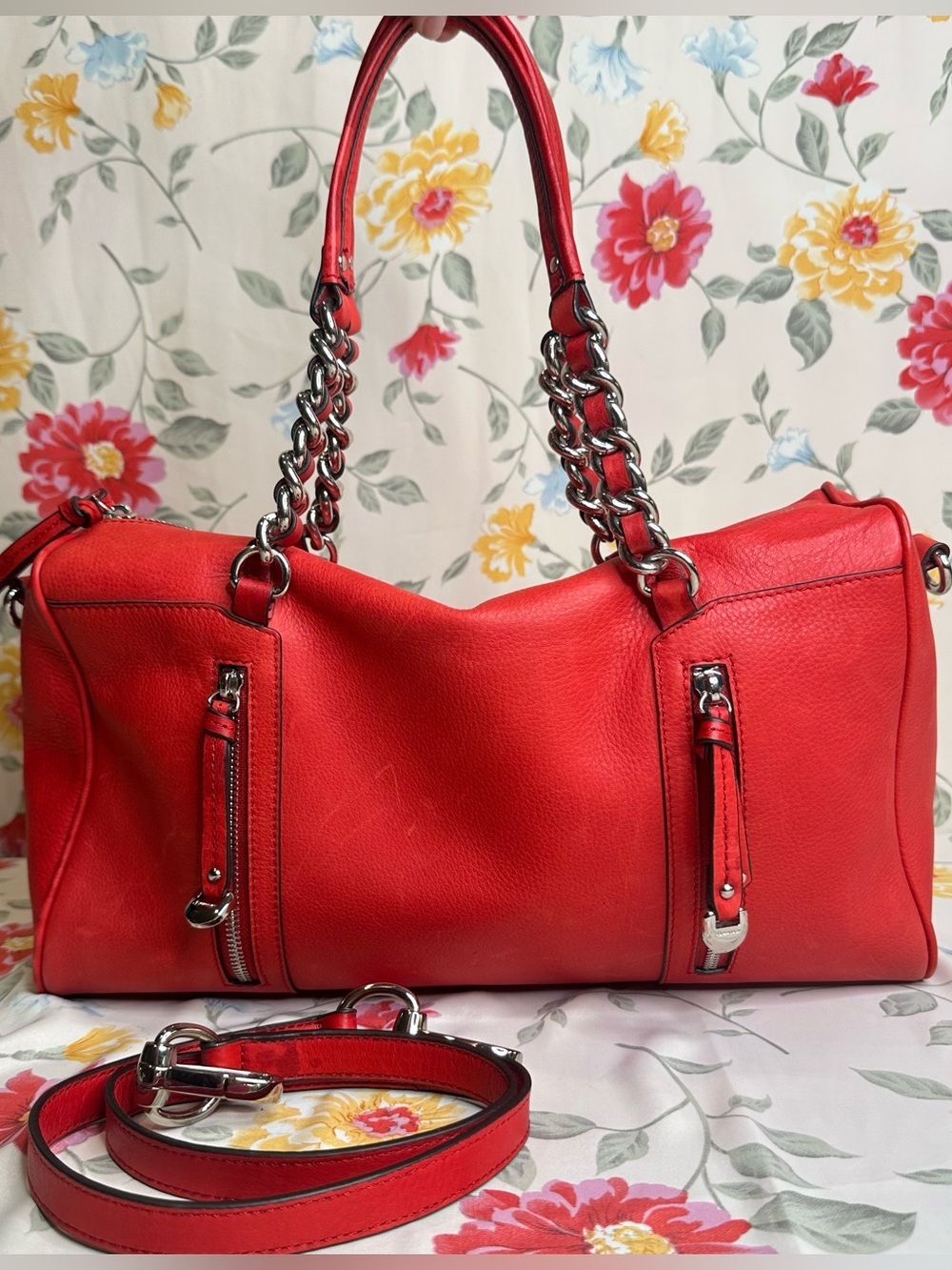 B. MAKOWSKY | Red Soft Leather Shoulder Tote with Chain Handles | Like New